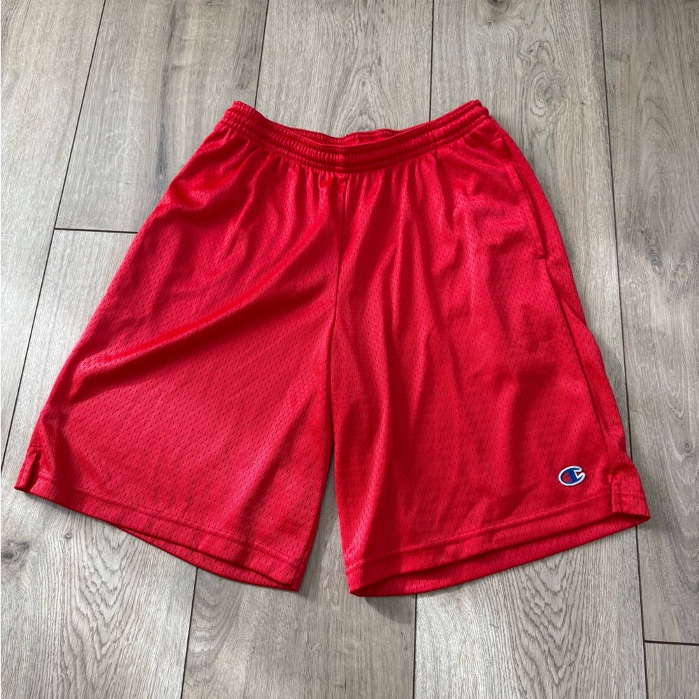 Champion Red Athletic Mesh Shorts with Logo
